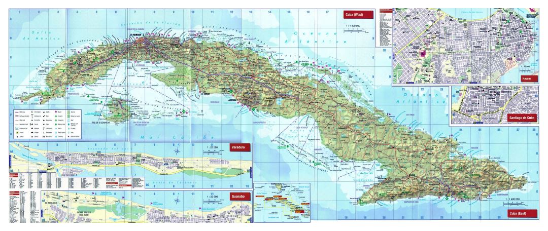 Large detailed tourist map of Cuba with relief, roads, cities, airports and other marks