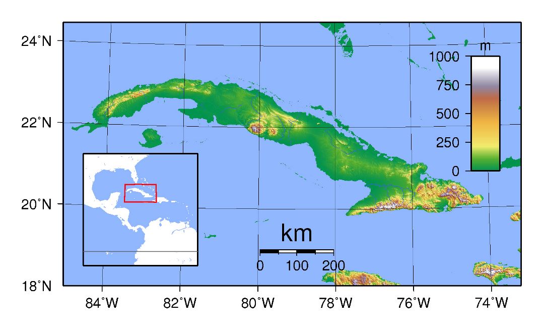 Large physical map of Cuba