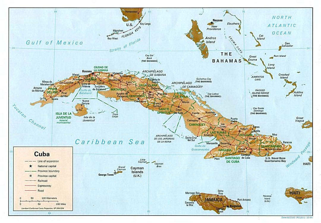 Large political and administrative map of Cuba with relief, roads, railroads and major cities - 1994