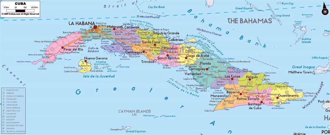 Large political and administrative map of Cuba with roads, cities and airports