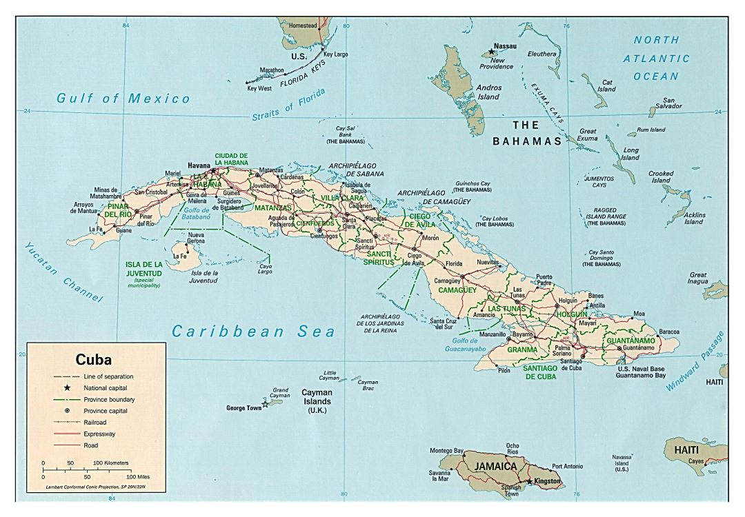 Large political and administrative map of Cuba with roads, railroads and major cities - 1994