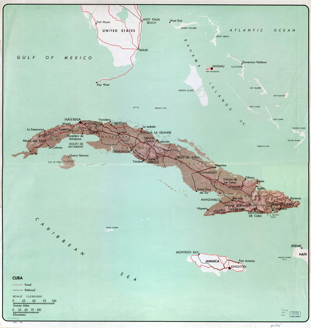 Large scale detailed political and administrative map of Cuba with relief, roads, railroads and major cities - 1962