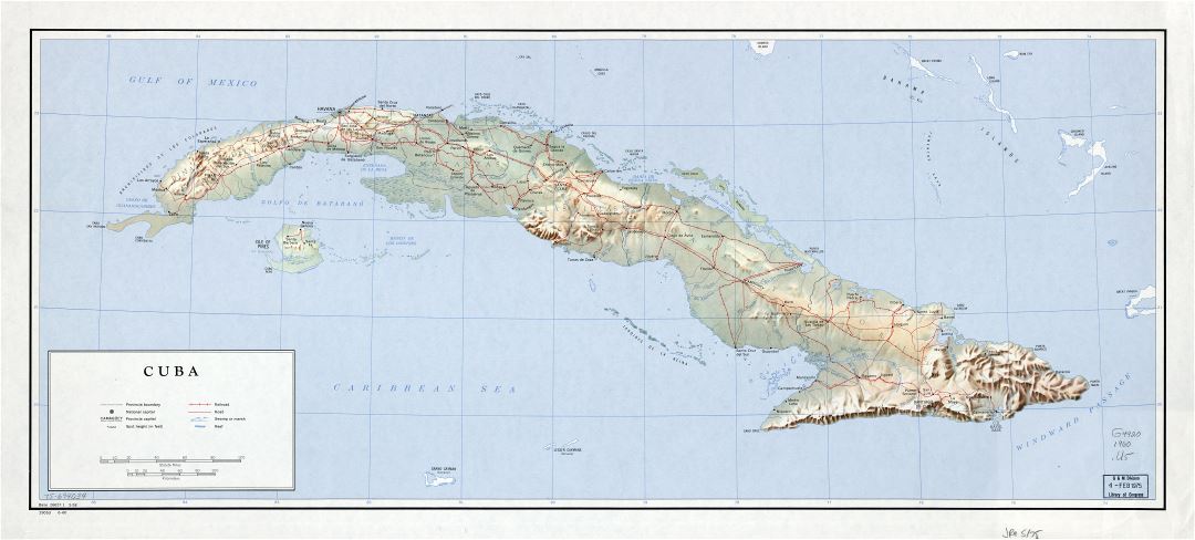 Large scale detailed political and administrative map of Cuba with relief, roads, railroads, cities and other marks - 1960