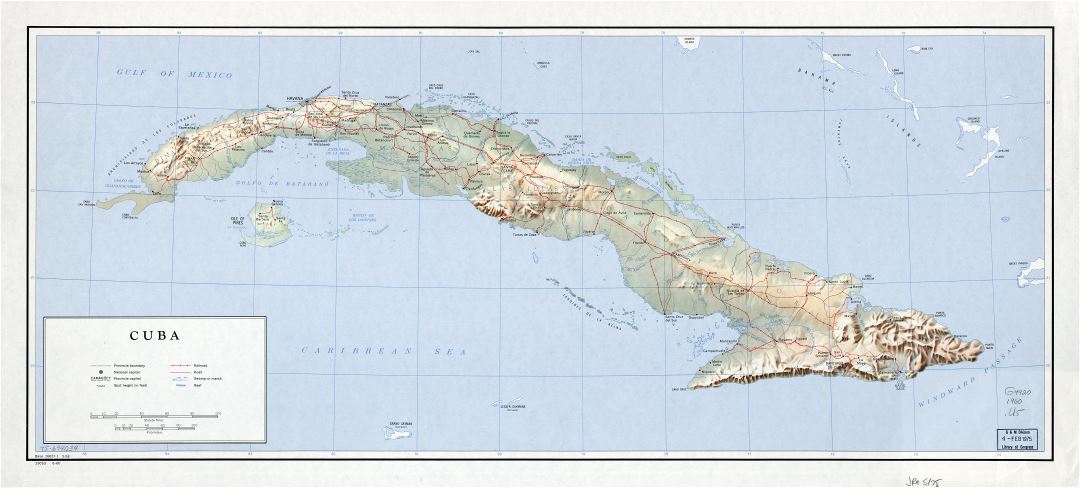 Large scale detailed political and administrative map of Cuba with relief, roads, railroads, cities and other marks - 1960