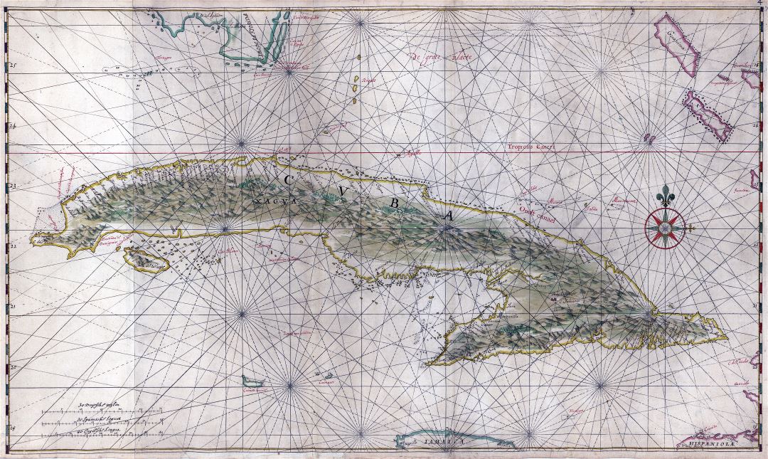 Large scale old antique map of Cuba with relief - 1639