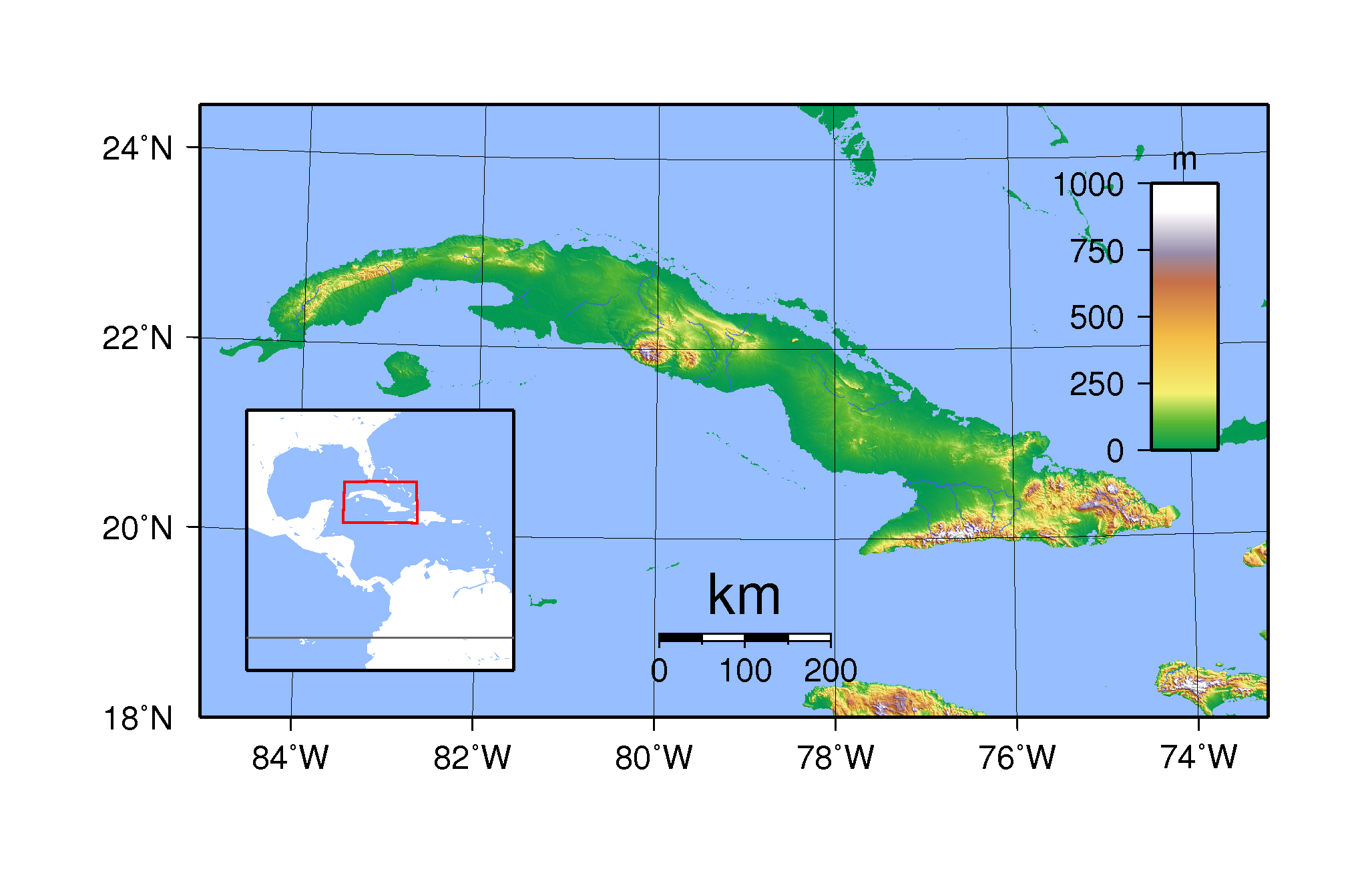 Large topographical map of Cuba | Cuba | North America | Mapsland