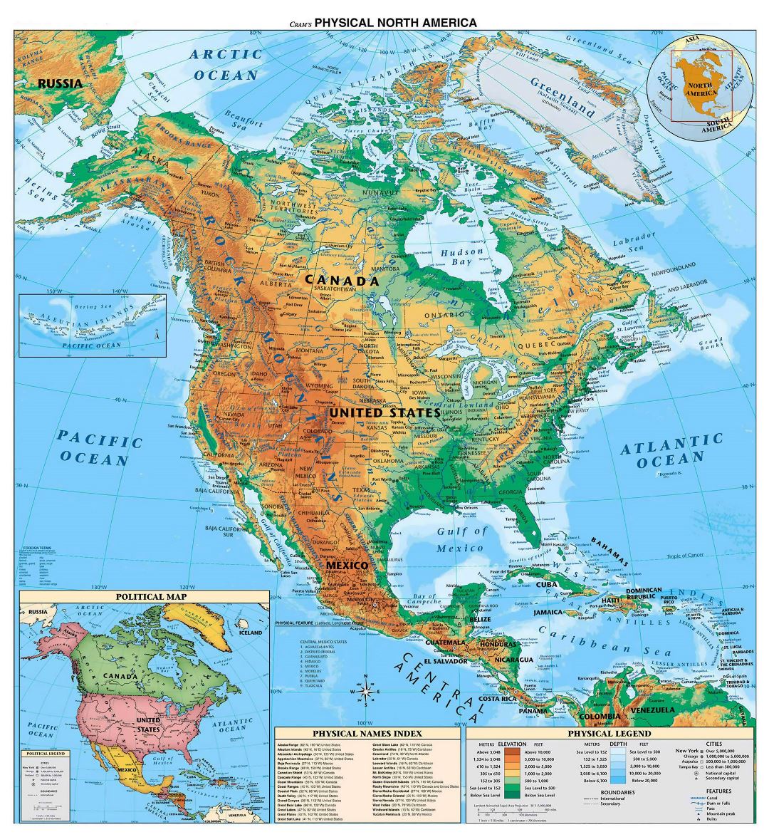 Detailed physical map of North and Central America