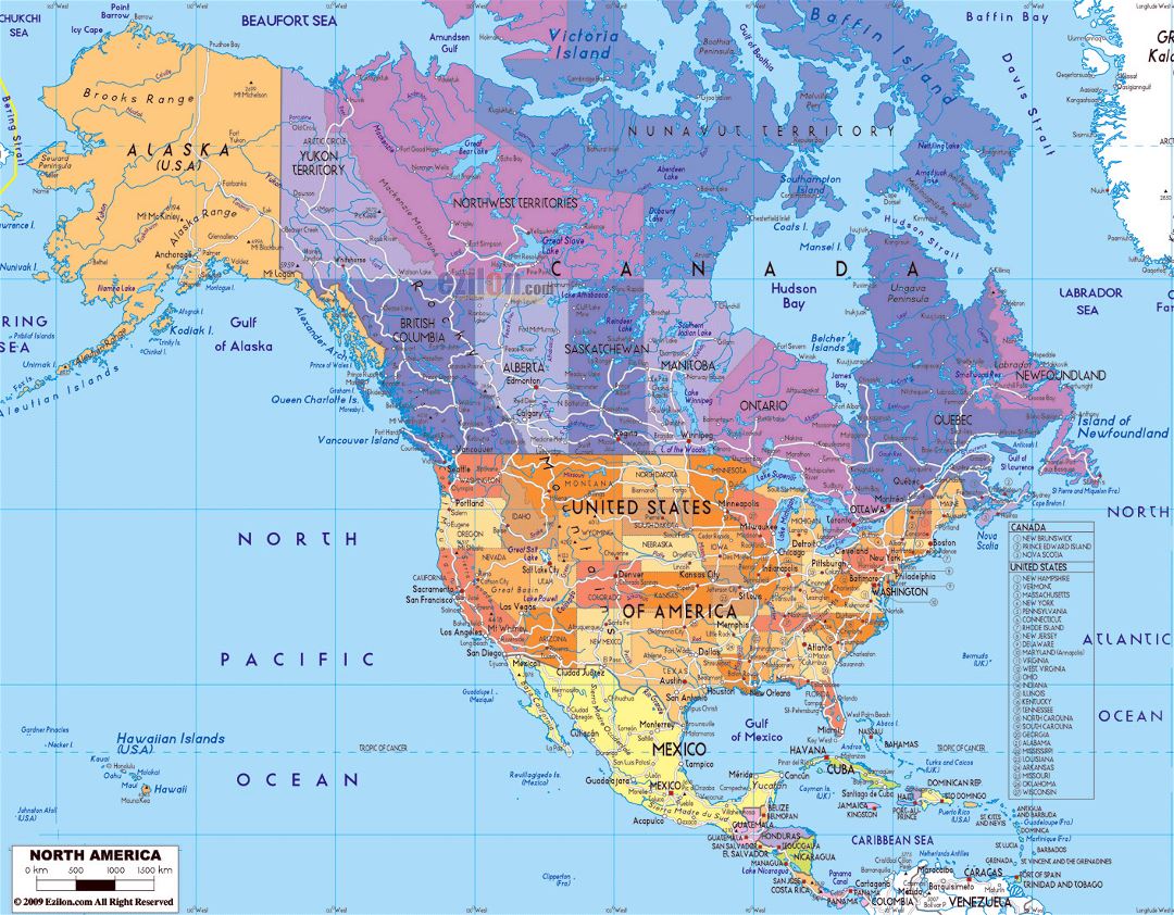 Detailed political map of North America with roads and major cities