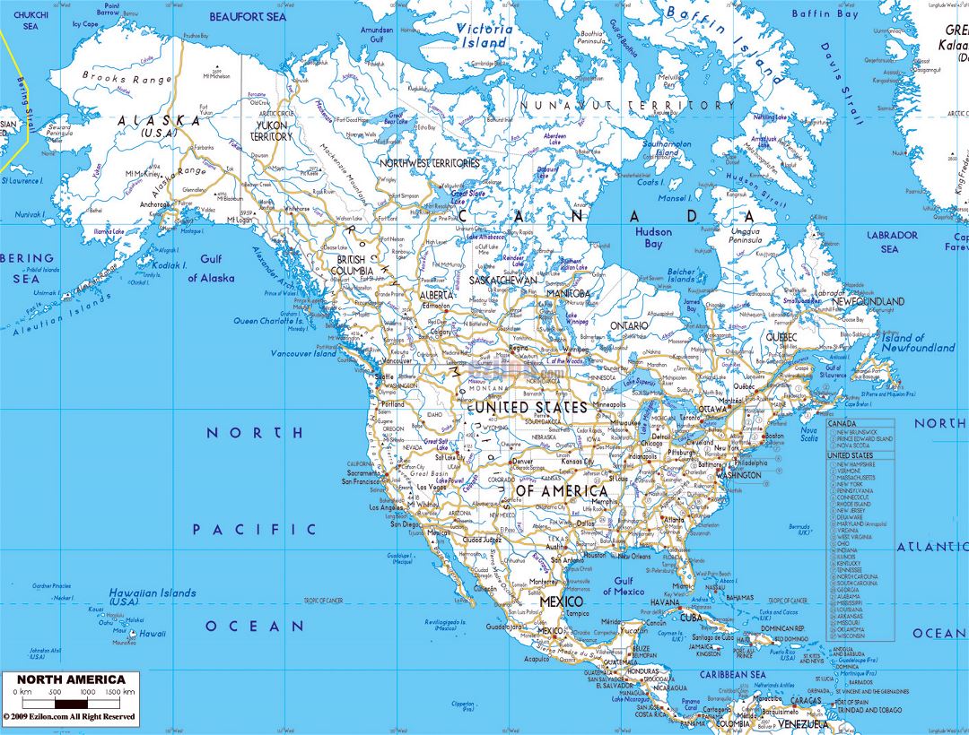 Detailed road map of North America wirh major cities