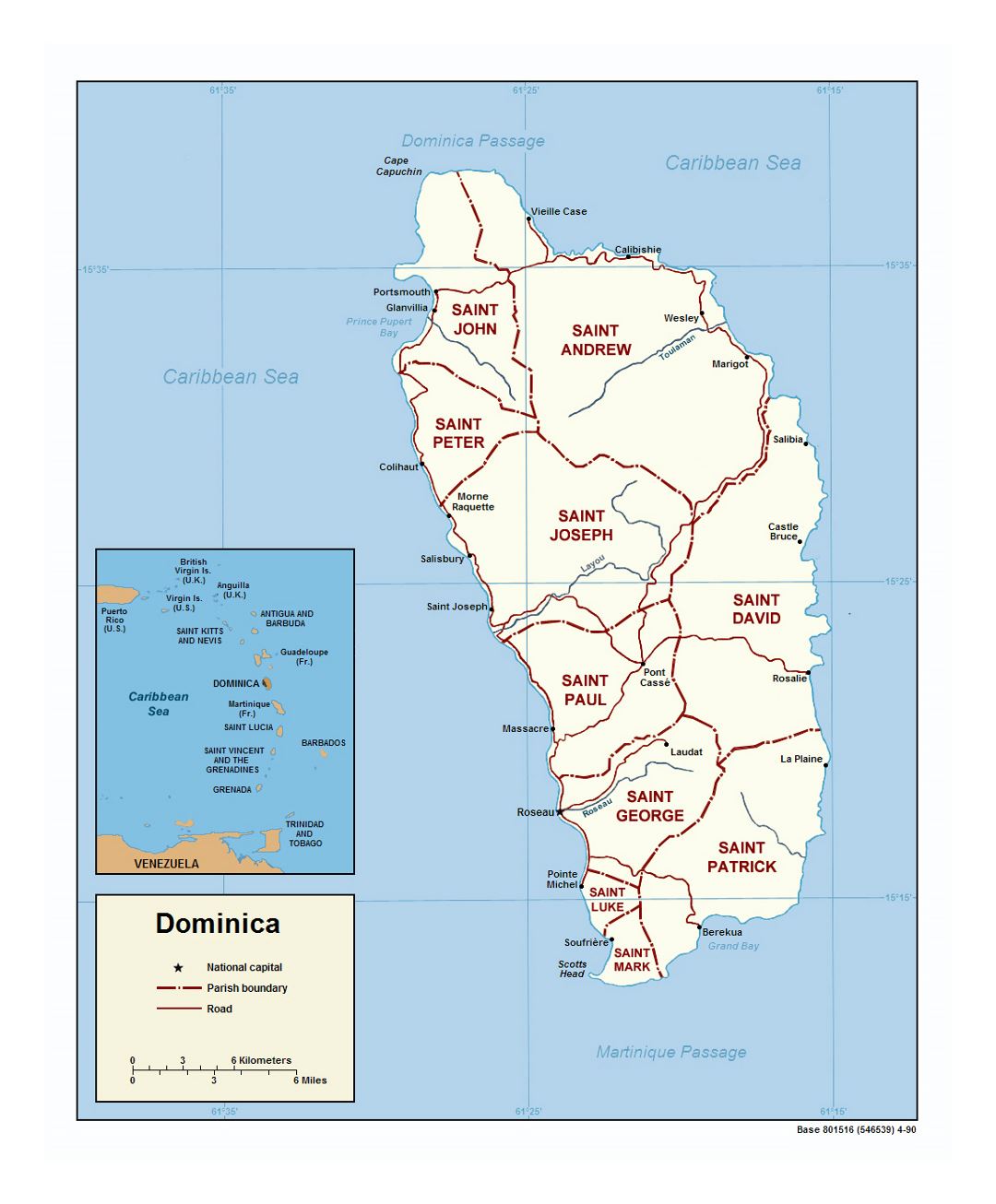 Detailed political and administrative map of Dominica with roads and major cities - 1990