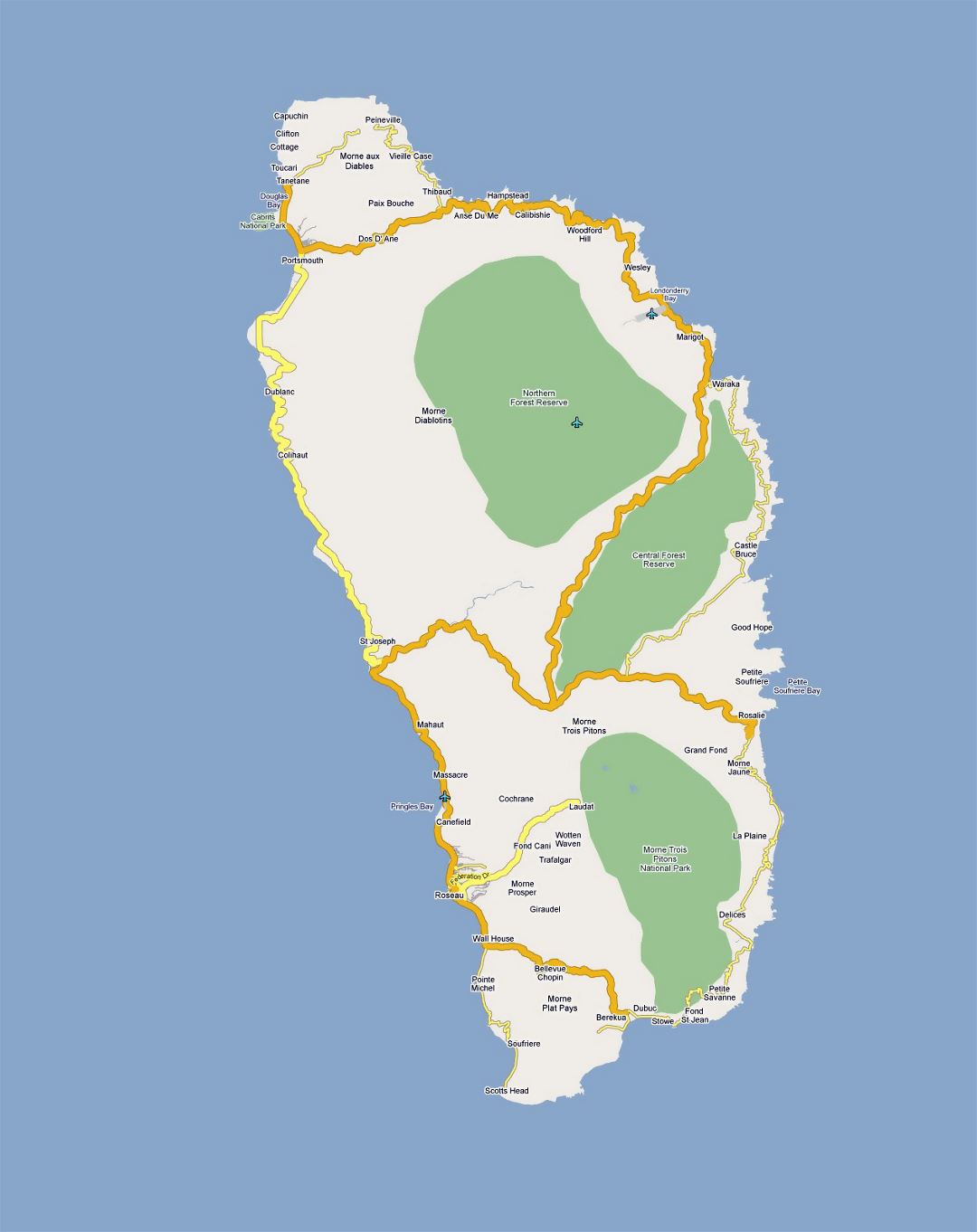 Detailed road map of Dominica
