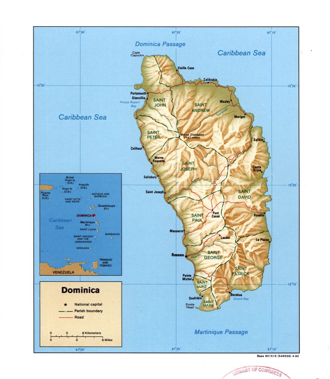 Large detailed political and administrative map of Dominica with relief, roads and major cities - 1990
