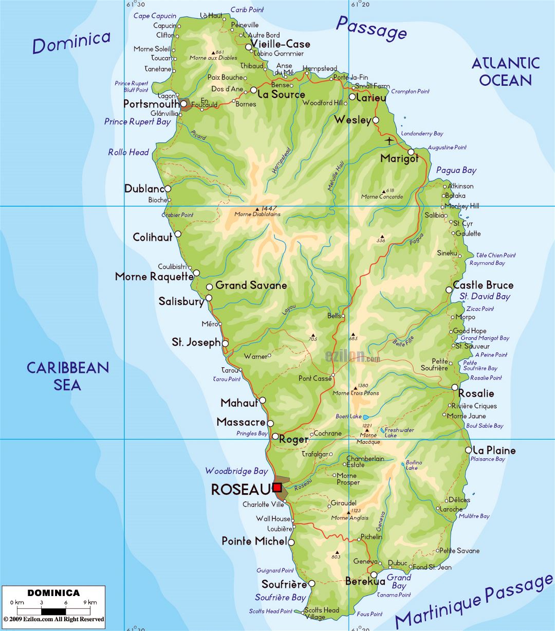 Large physical map of Dominica with roads, cities and airports