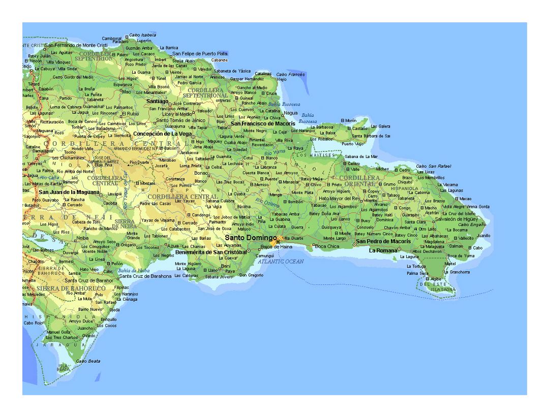 Detailed elevation map of Dominican Republic with other marks