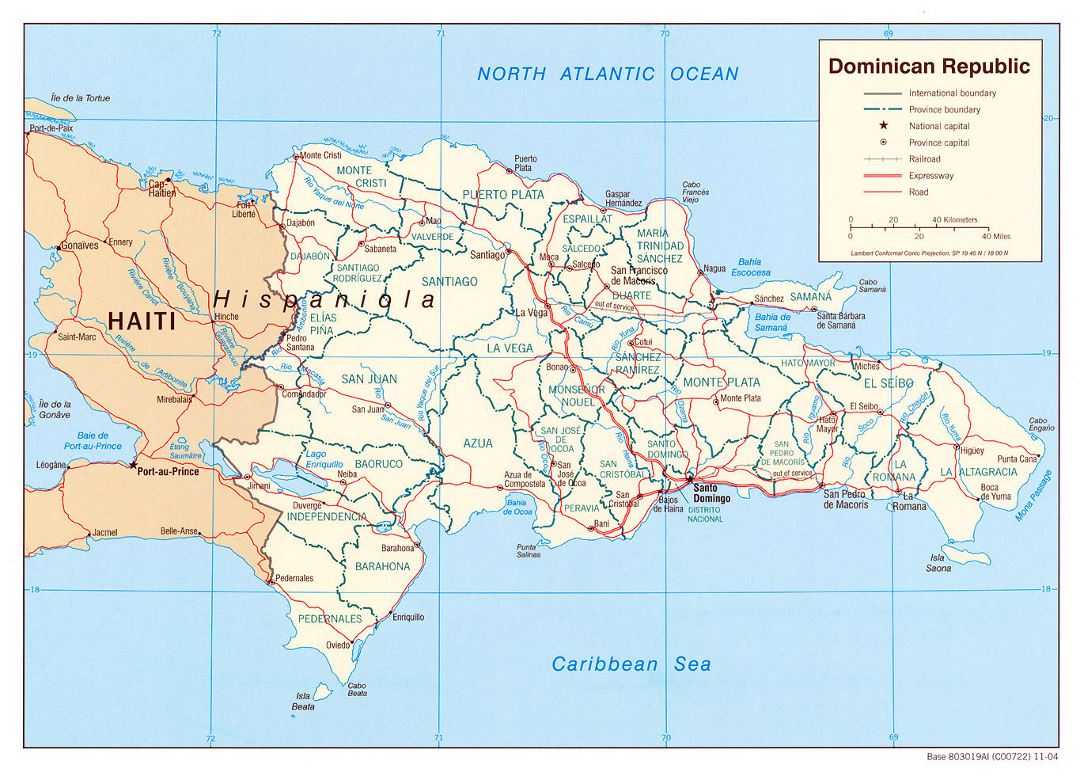 Detailed political and administrative map of Dominican Republic with roads, railroads and major cities - 2004