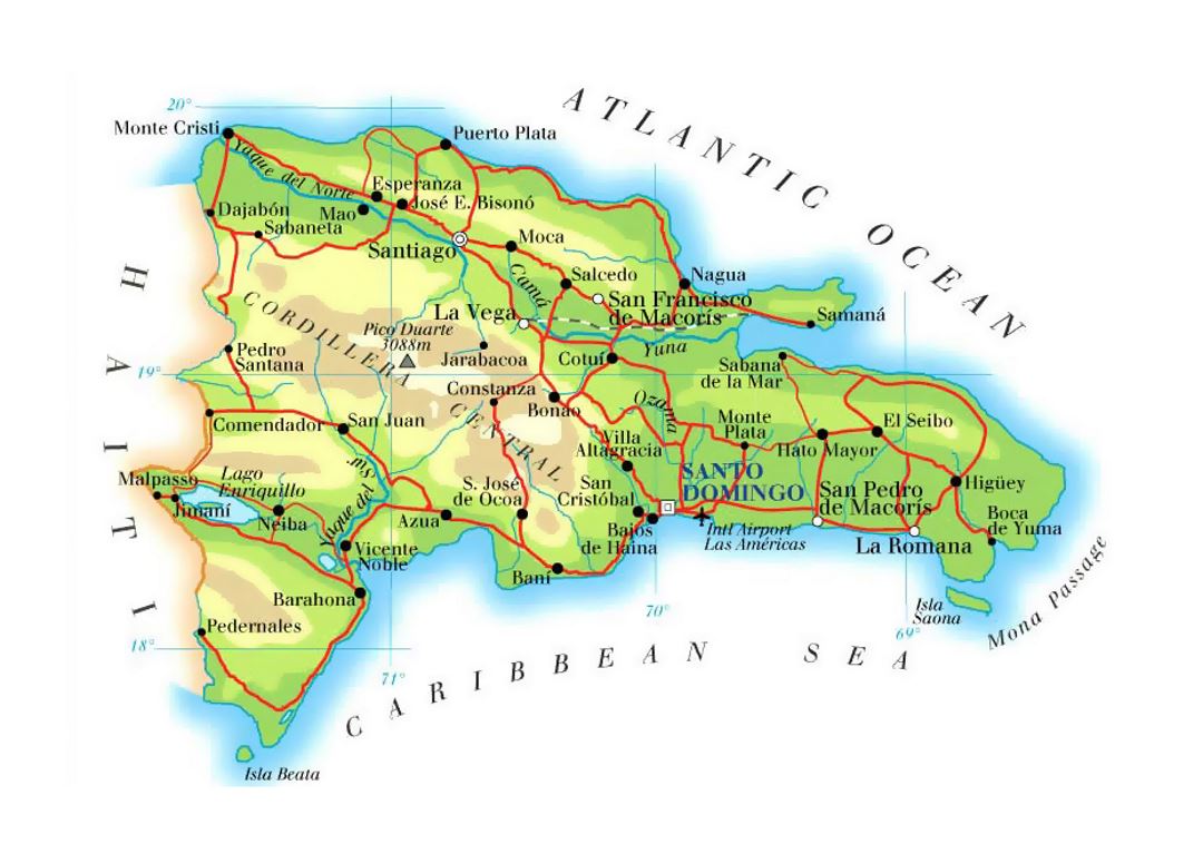 Elevation map of Dominican Republic with roads, railroads, cities and airports