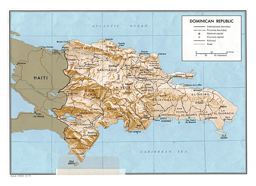 Large political and administrative map of Dominican Republic with relief, roads, railroads and major cities - 1970