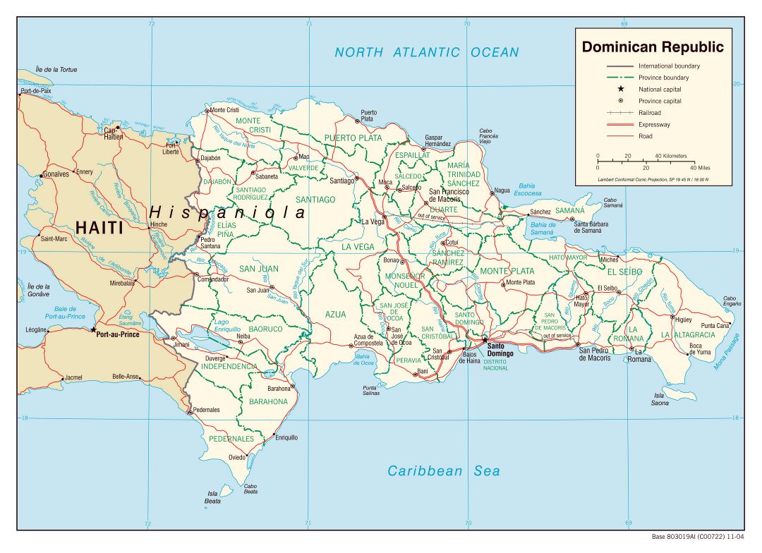 Large political and administrative map of Dominican Republic with roads, railroads and major cities - 2004