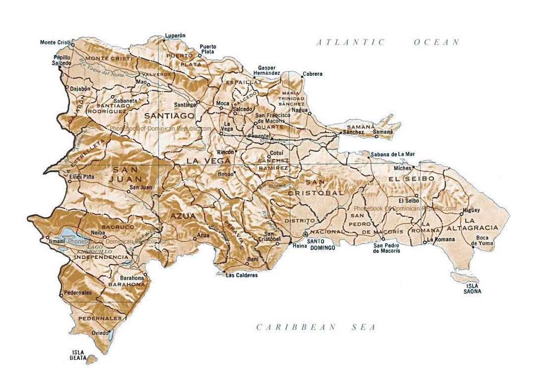 Political and administrative map of Dominican Republic with relief, roads, railroads and major cities