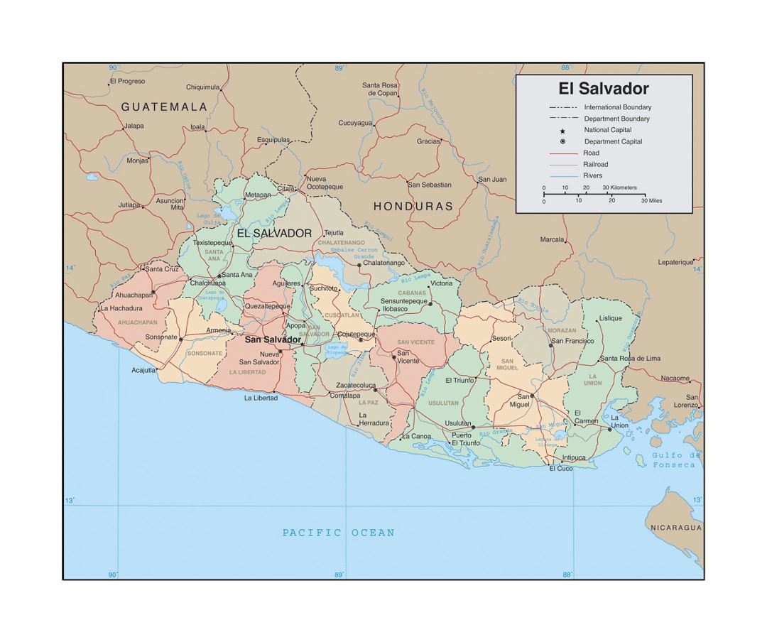 Detailed political and administrative map of El Salvador with roads, railroads, rivers and cities