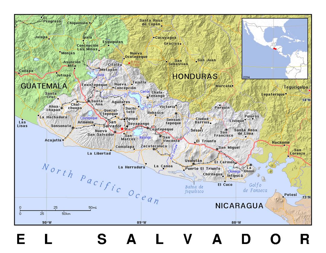 Detailed political map of El Salvador with relief
