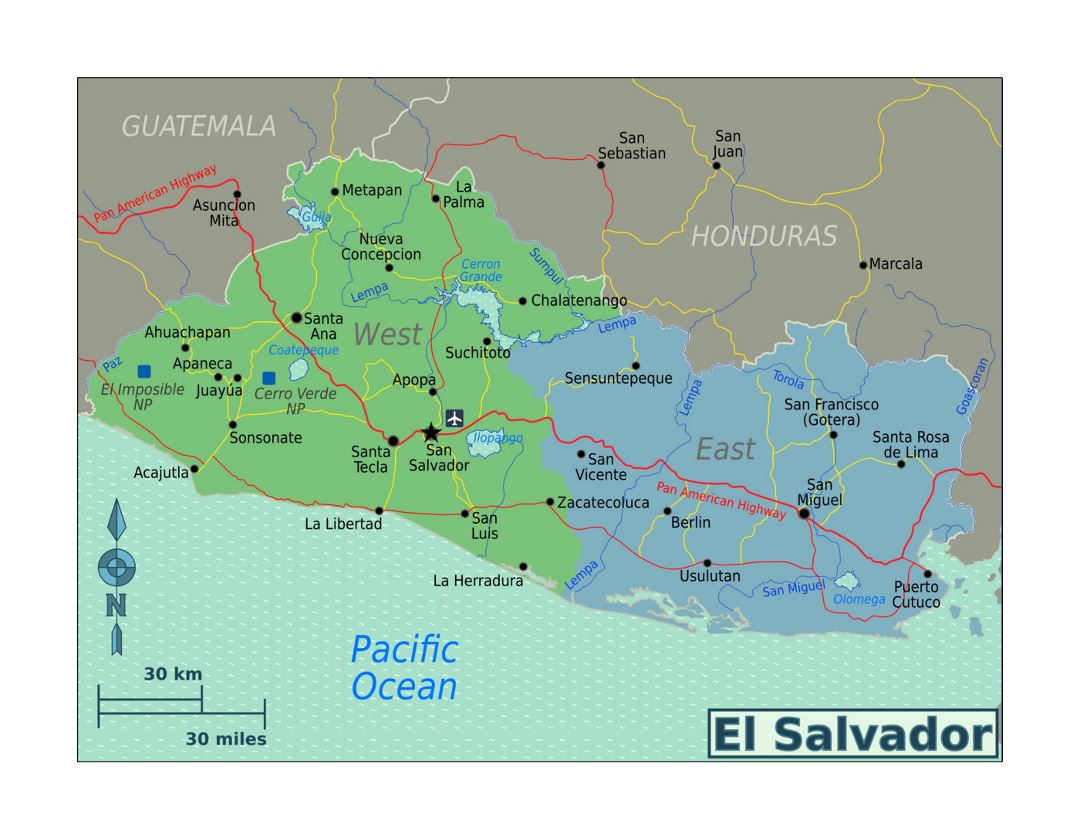 Detailed regions map of El Salvador