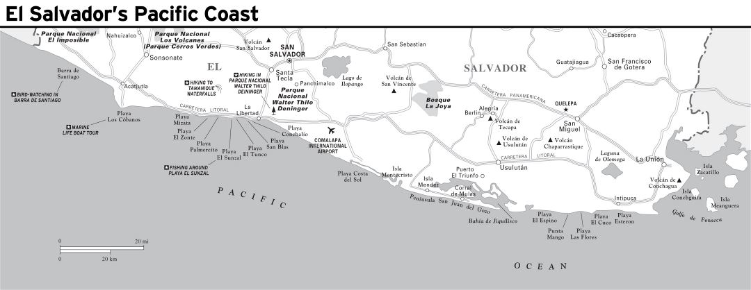 Large detailed map of El Salvador's Pacific Coast with roads and cities