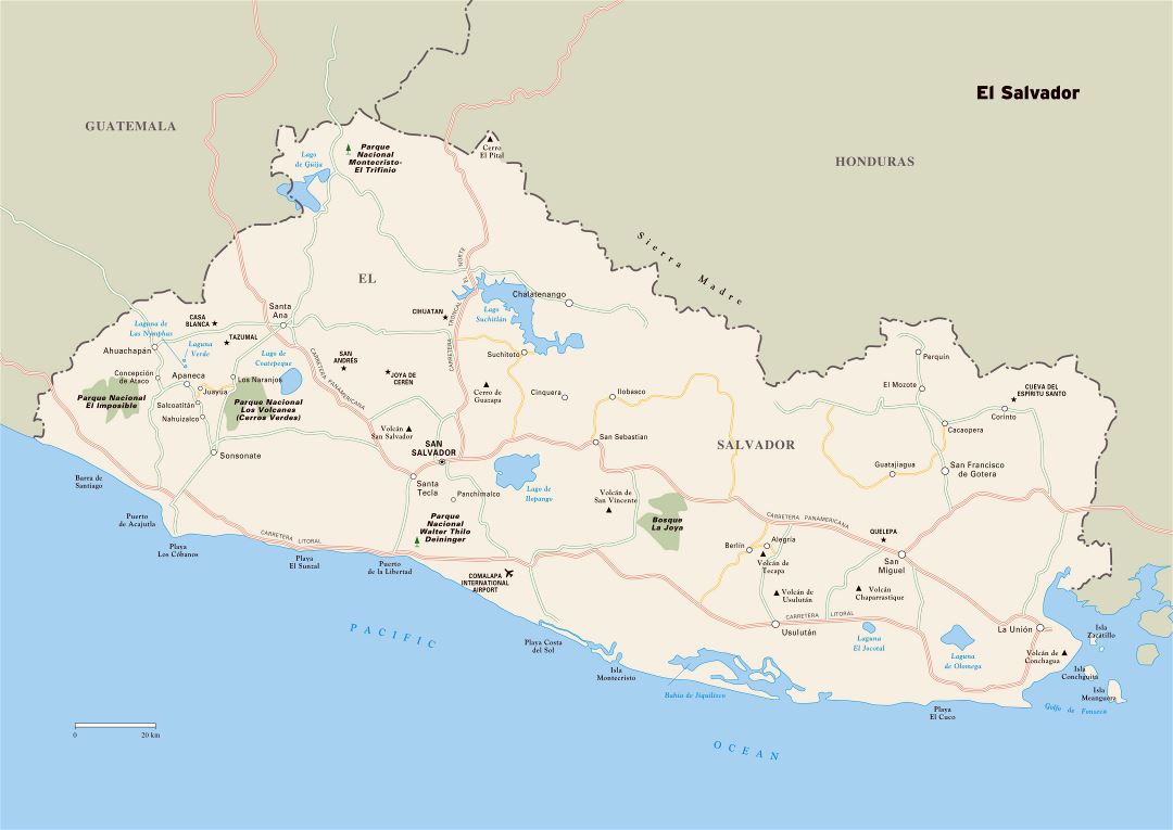 Large detailed map of El Salvador with national parks, major roads and major cities