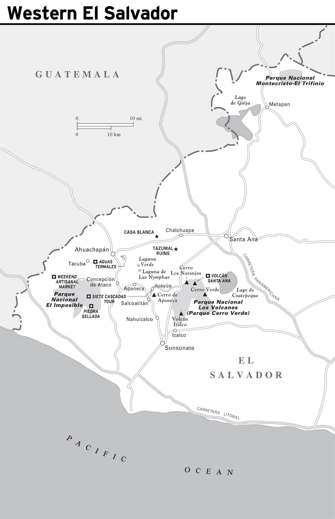 Large detailed map of Western El Salvador with roads and cities