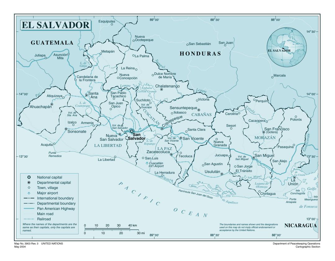 Large detailed political and administrative map of El Salvador with other marks