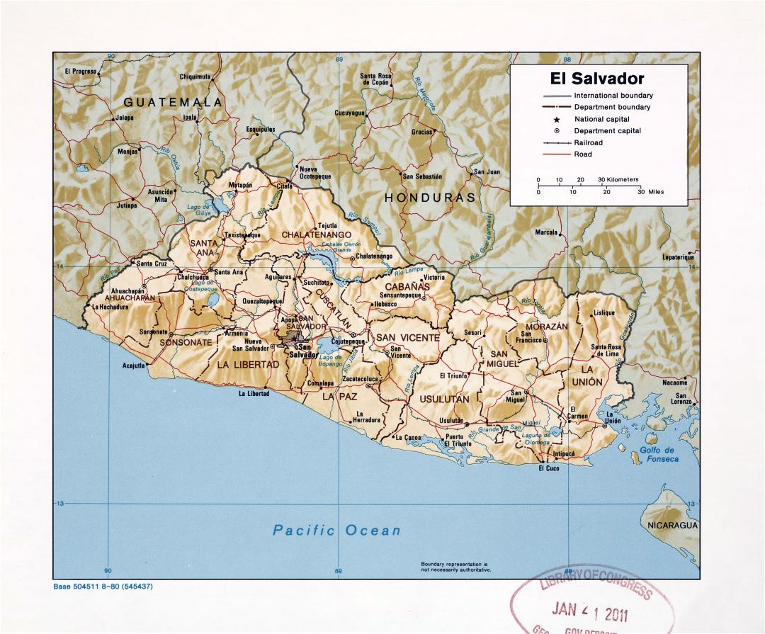 Large detailed political and administrative map of El Salvador with relief, roads, railroads and major cities - 1980