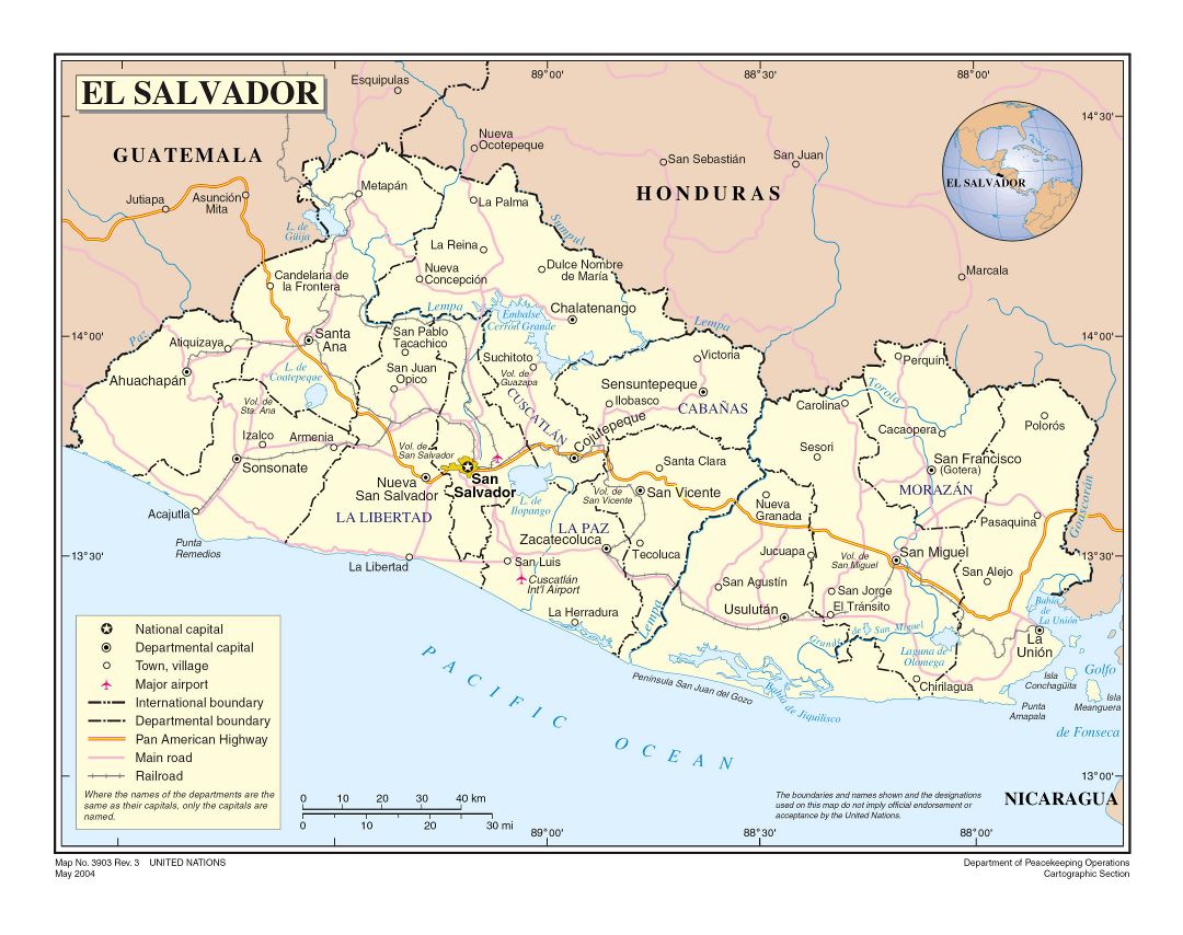 Large detailed political and administrative map of El Salvador with roads, railroads, cities and airports