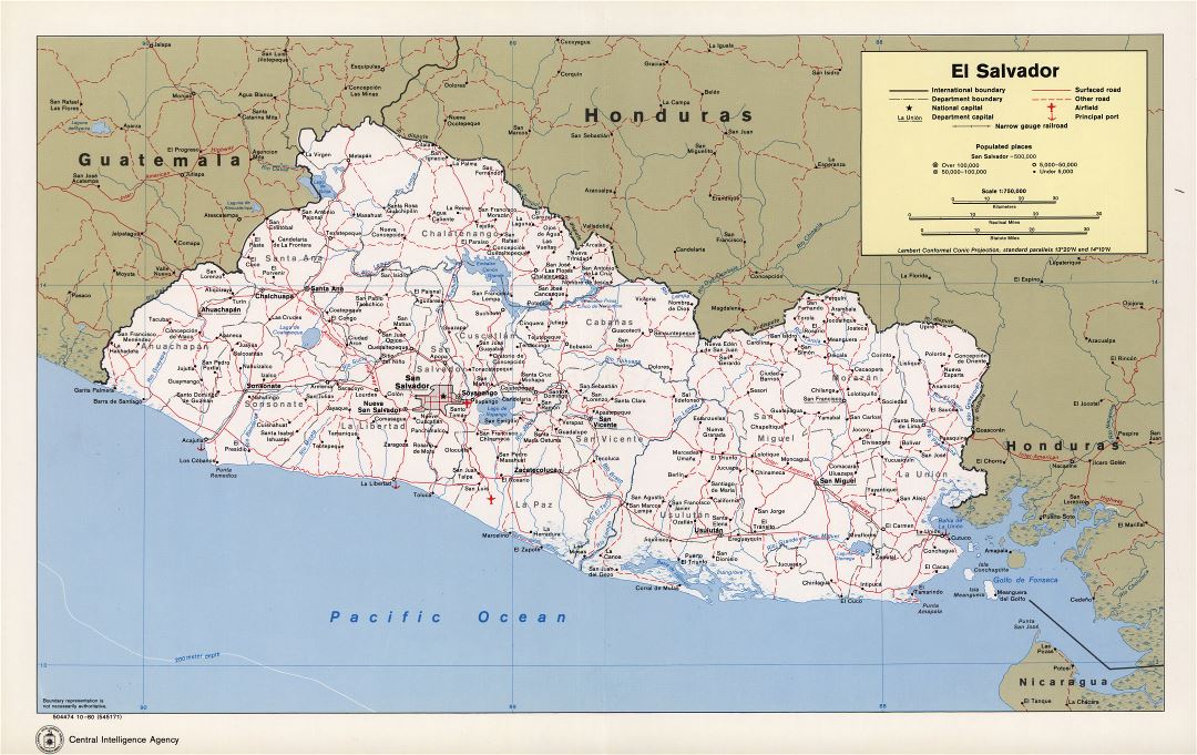 Large detailed political and administrative map of El Salvador with roads, railroads, cities, sea ports and airports - 1980