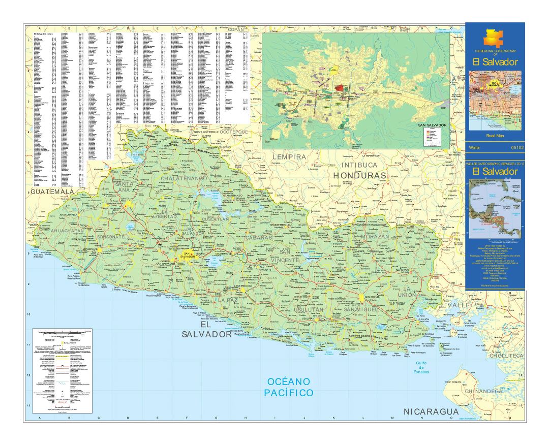 Large detailed road map of El Salvador with cities, airports and other marks