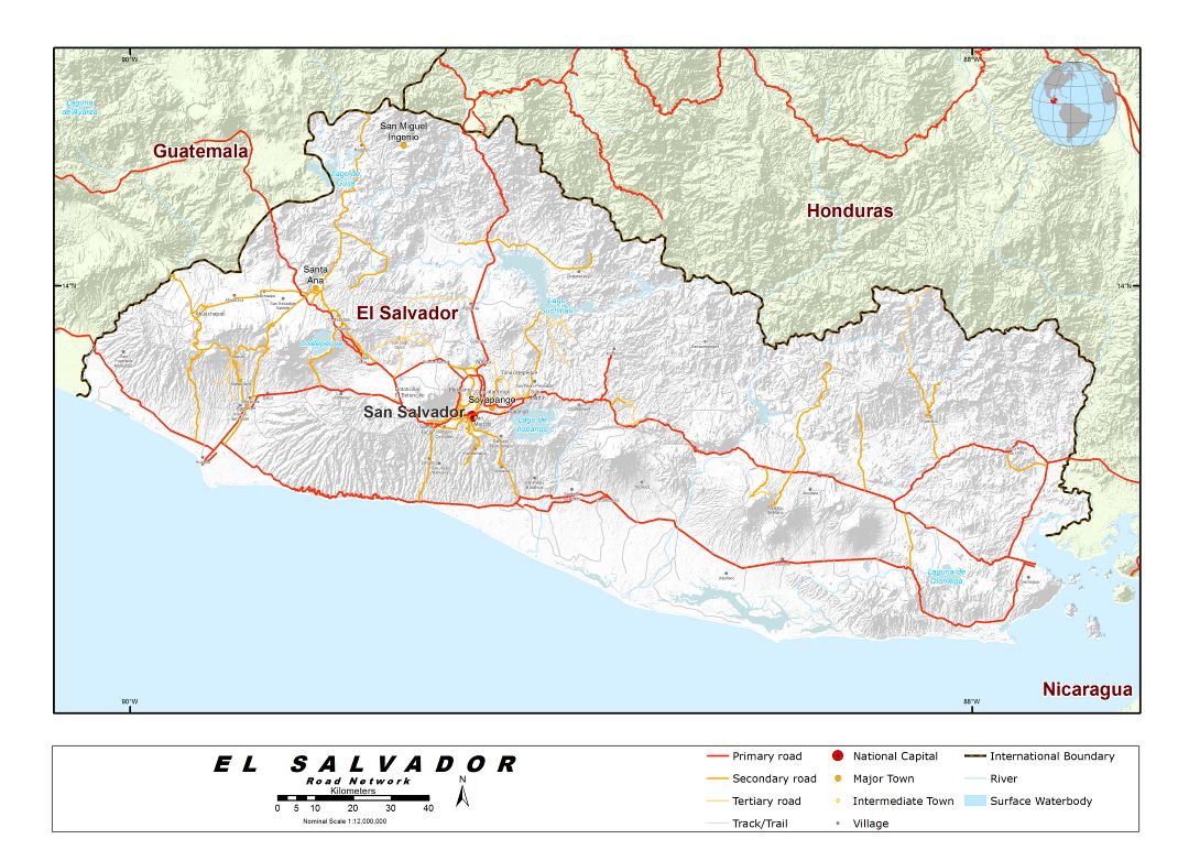 Large detailed road network map of El Salvador with relief and other marks