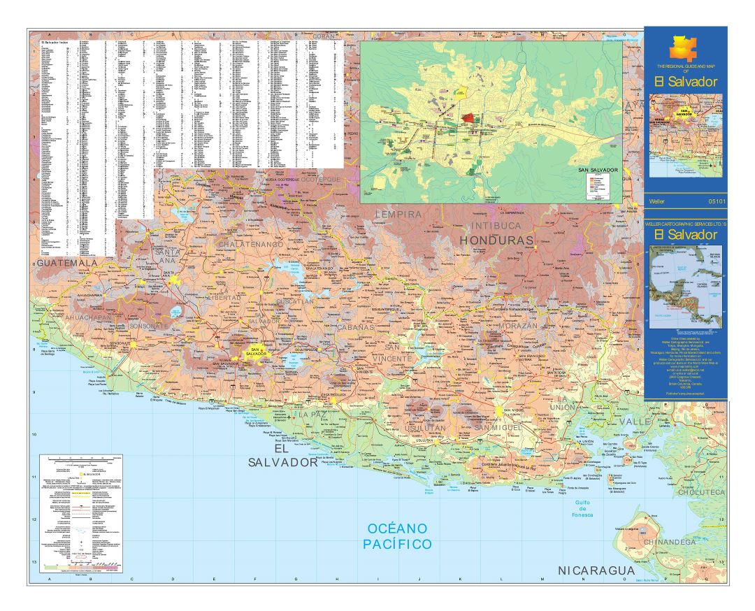 Large detailed topographical map of El Salvador with roads, cities, airports and other marks