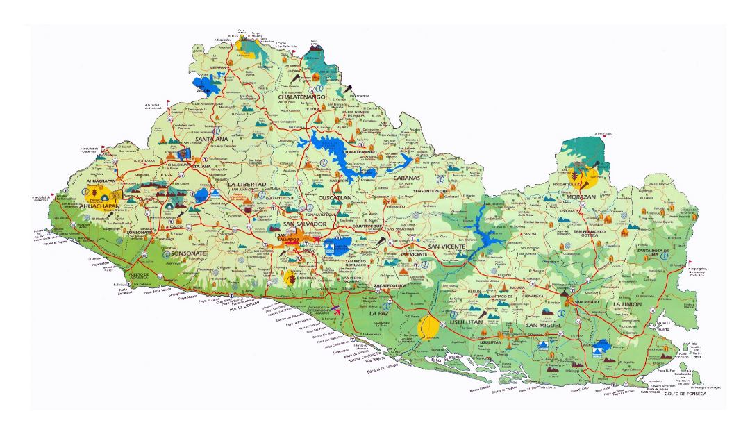 Large detailed tourist map of El Salvador with other marks