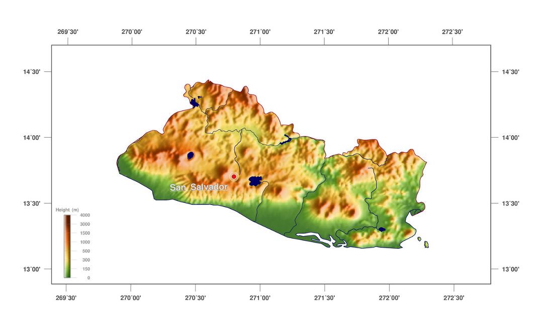 Large elevation map of El Salvador