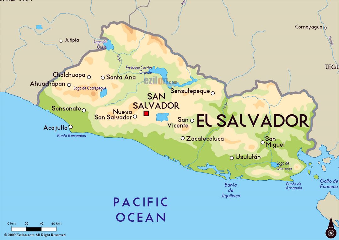 Large physical map of El Salvador with major cities