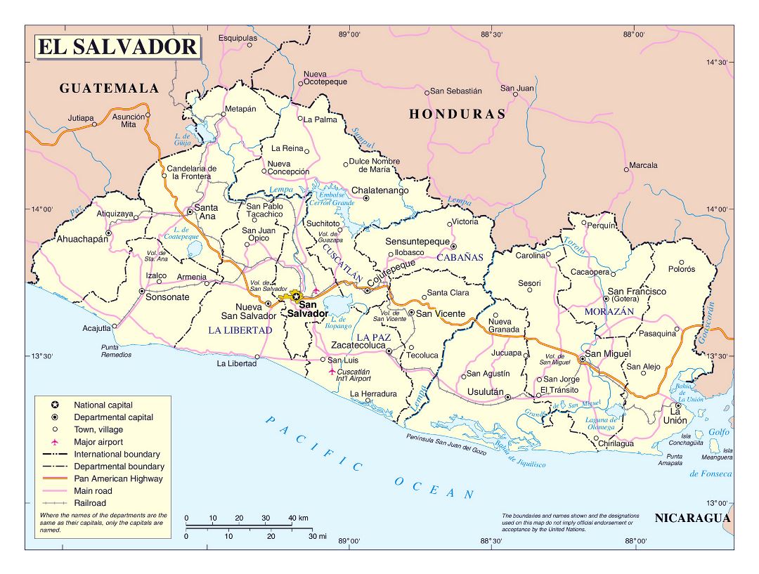 Large political and administrative map of El Salvador with other marks