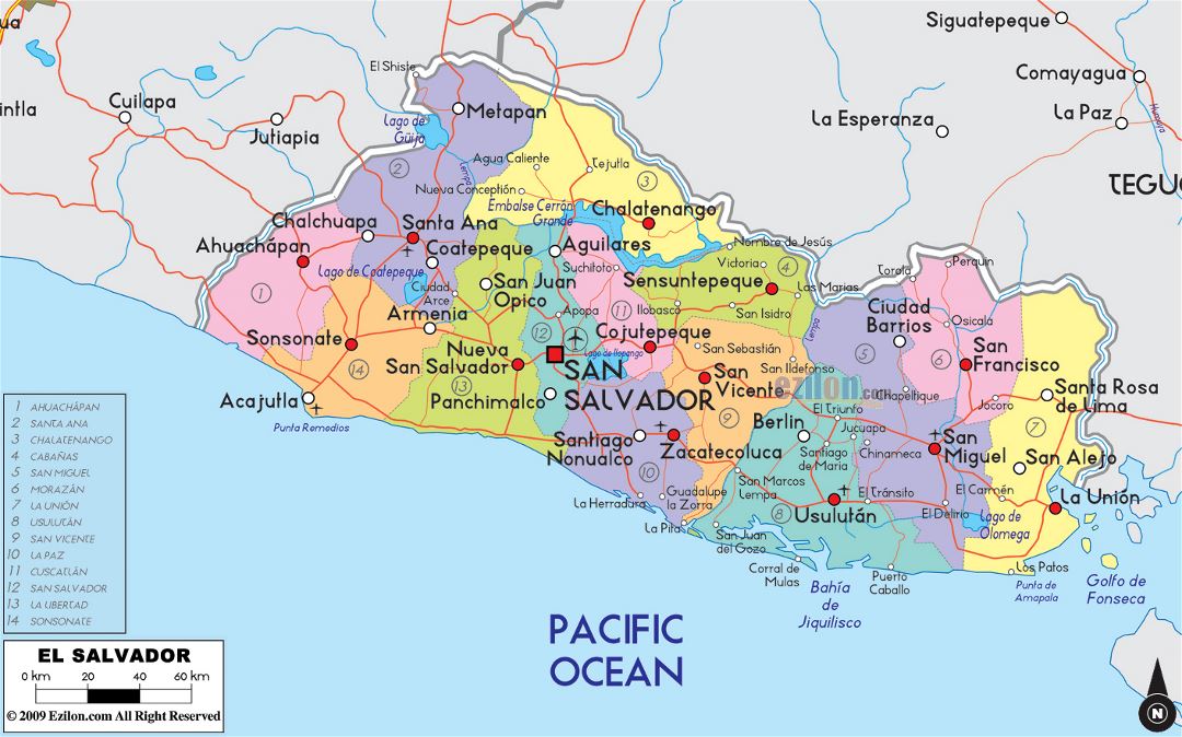 Large political and administrative map of El Salvador with roads, cities and airports