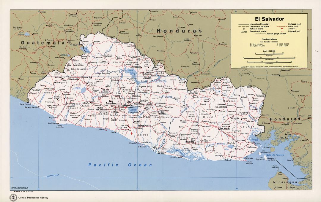 Large political and administrative map of El Salvador with roads, railroads, cities, sea ports and airports - 1980