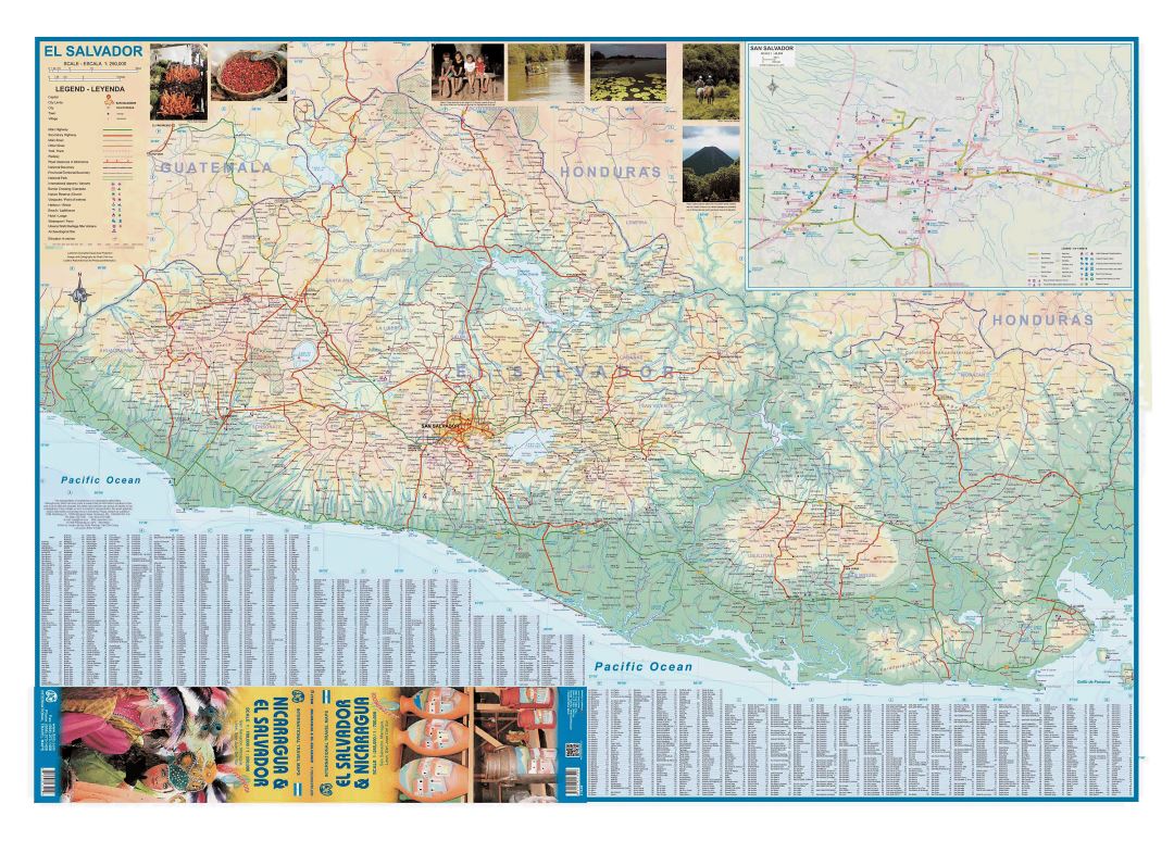 Large road and elevation map of El Salvador with other marks