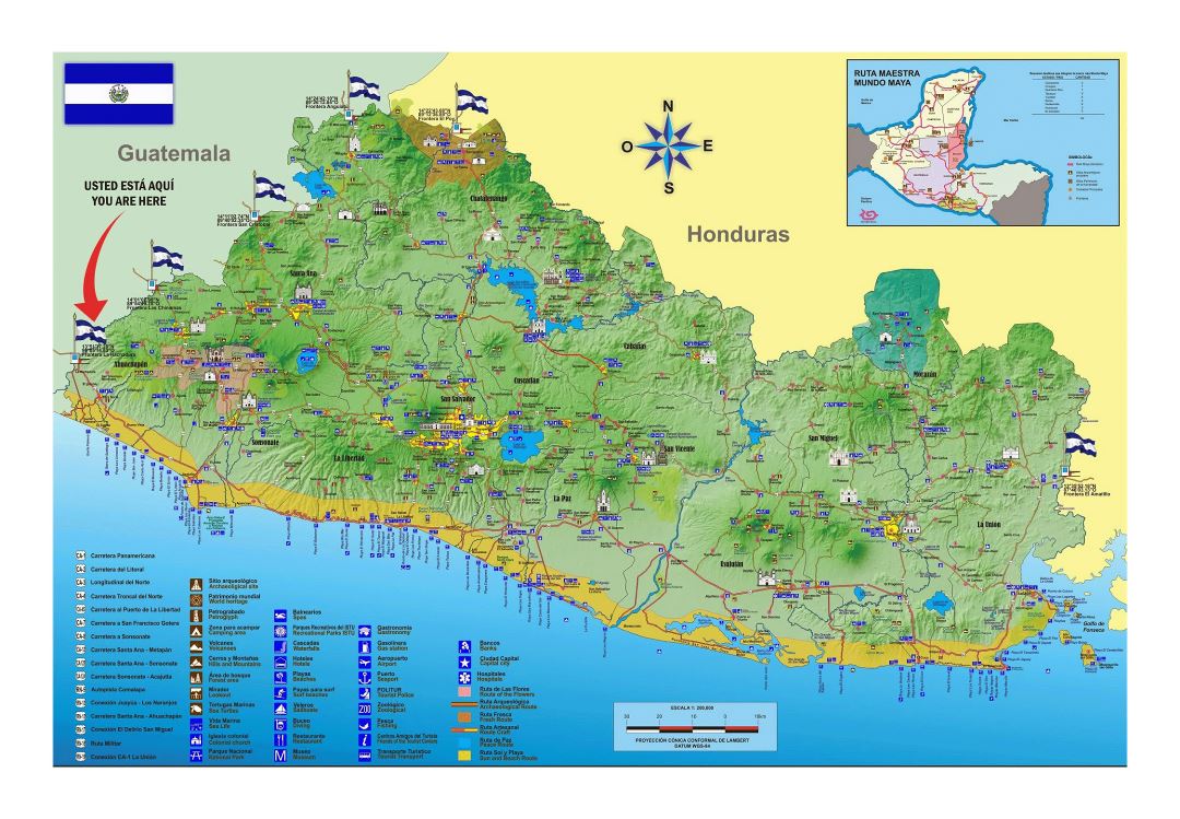 Large tourist map of El Salvador