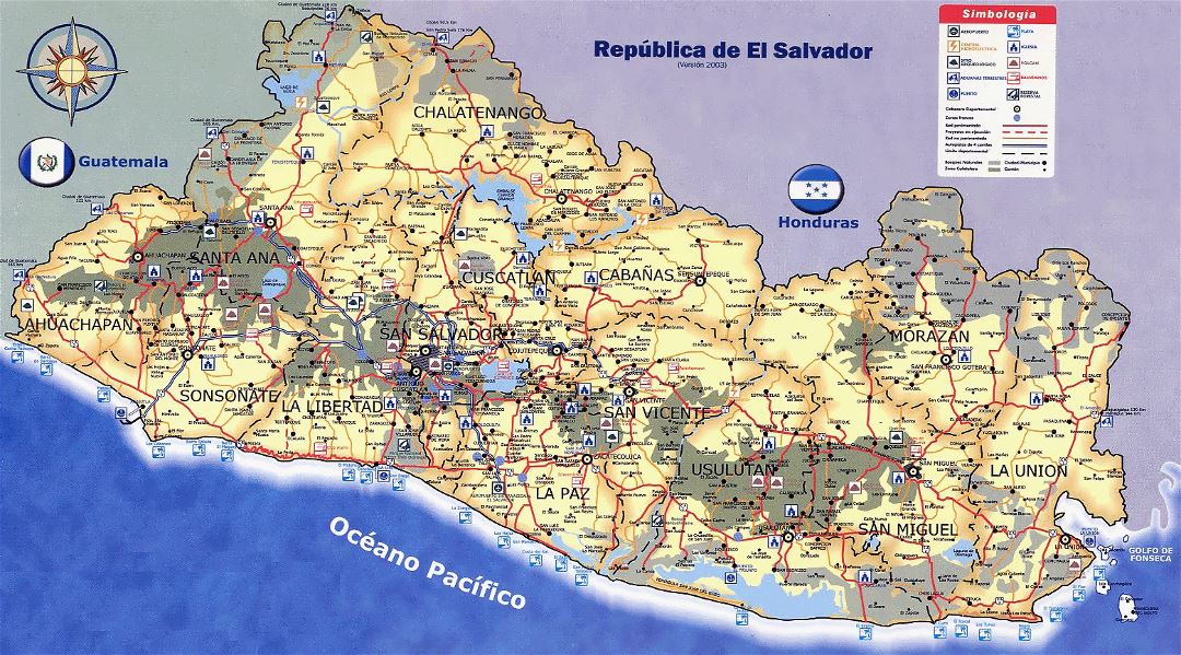Large travel map of El Salvador