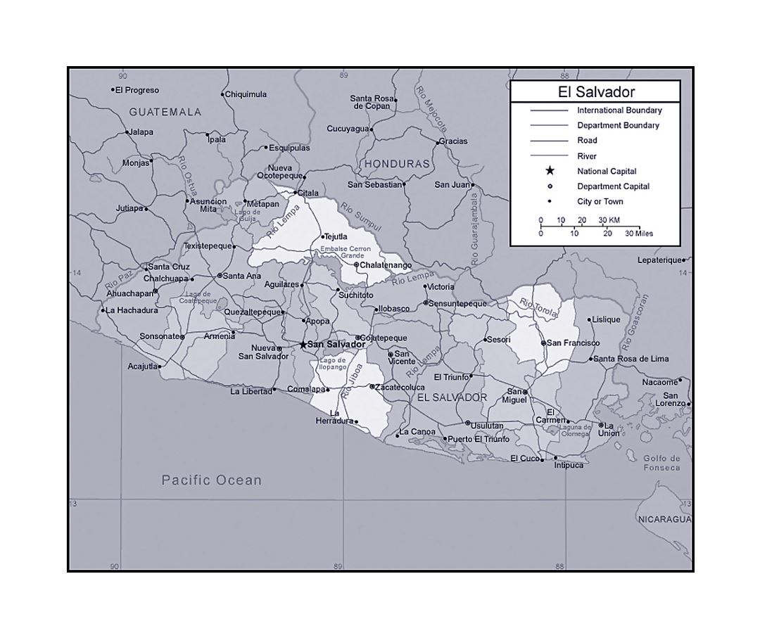 Political and administrative map of El Salvador with other marks