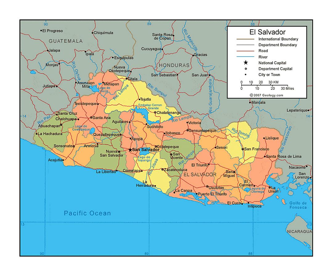 Political and administrative map of El Salvador with roads, rivers and cities