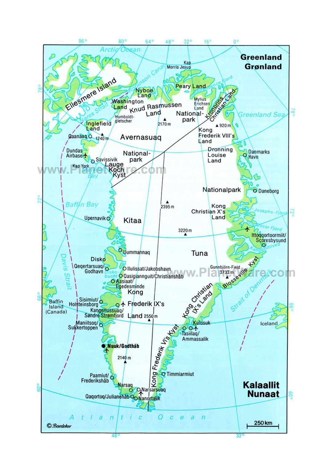 Detailed political and administrative map of Greenland with other marks