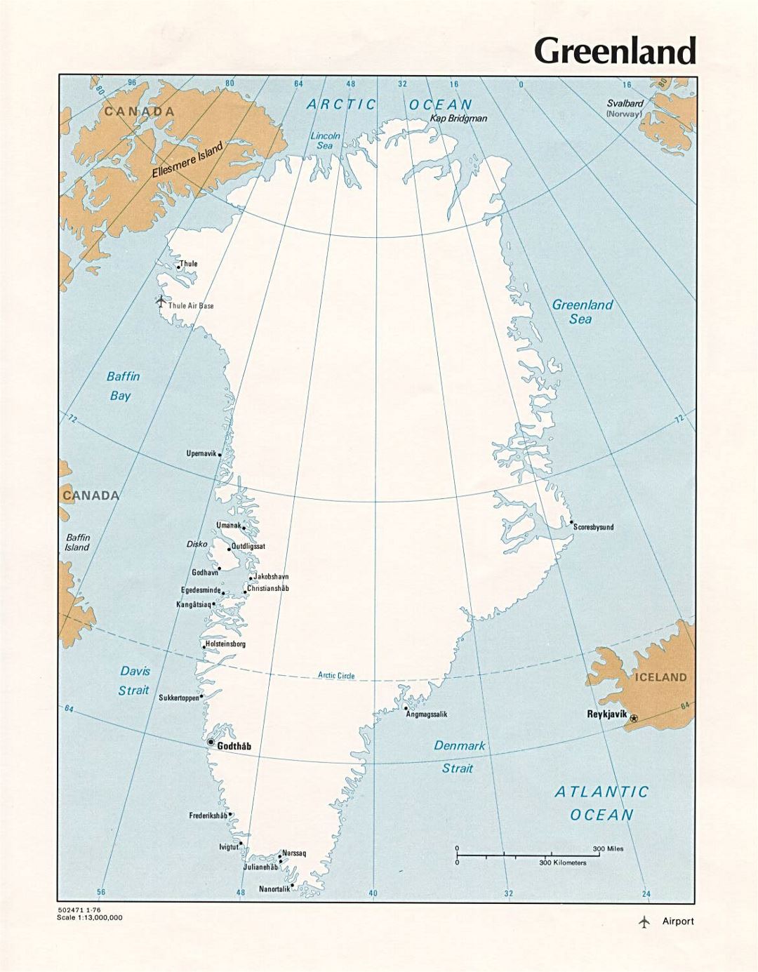 Detailed political map of Greenland with cities and airports - 1976