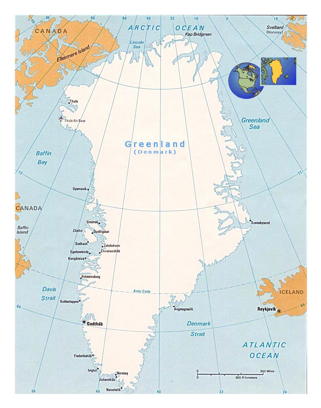 Detailed political map of Greenland with cities and airports